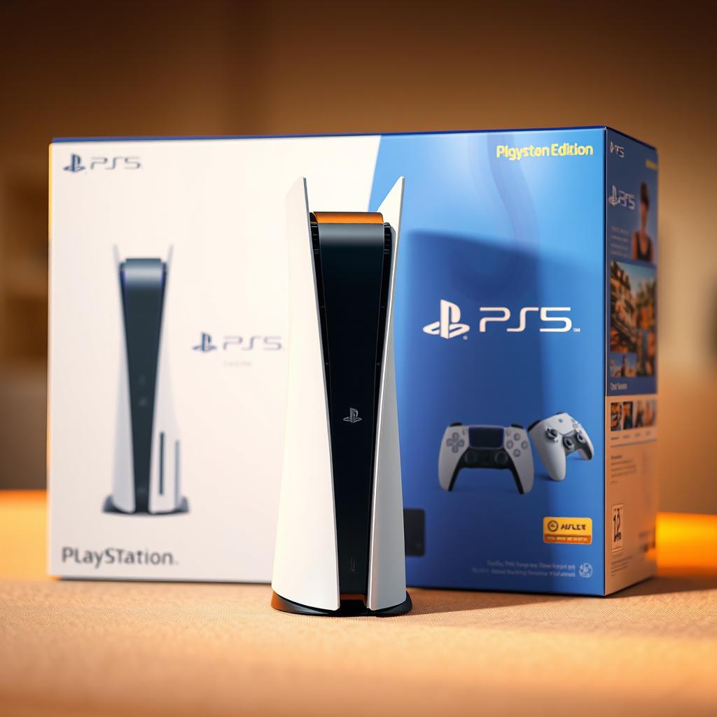 A realistic PlayStation 5 console with its box, displayed prominently