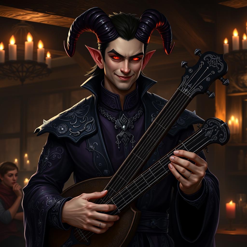 A striking fantasy character portrait of Tiflin, a bard inspired by Asmodeus, standing confidently in a dimly lit tavern