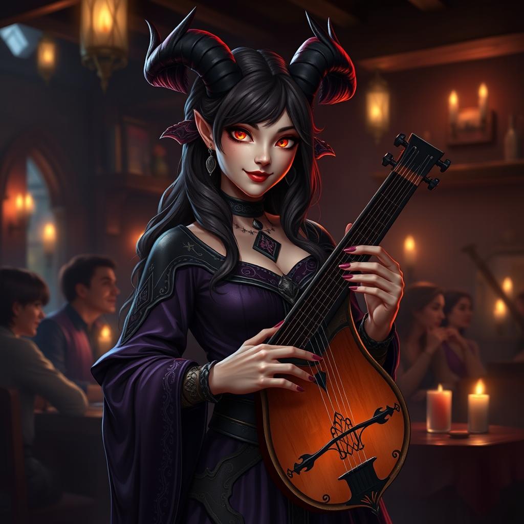 A mesmerizing fantasy character portrait of Tiflin, a female bard inspired by Asmodeus, standing confidently in a dimly lit tavern