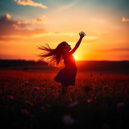 A serene landscape at sunset featuring vibrant colors with a silhouette of a young girl playing in a field