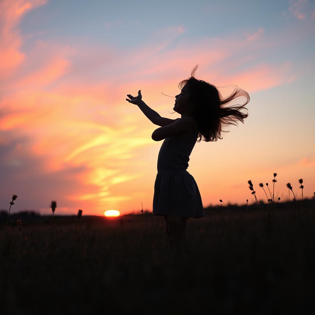 A serene landscape at sunset featuring vibrant colors with a silhouette of a young girl playing in a field
