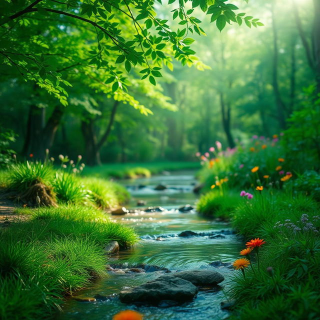 A beautiful serene landscape featuring a gentle stream flowing through a lush green forest