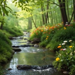 A beautiful serene landscape featuring a gentle stream flowing through a lush green forest