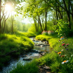A beautiful serene landscape featuring a gentle stream flowing through a lush green forest