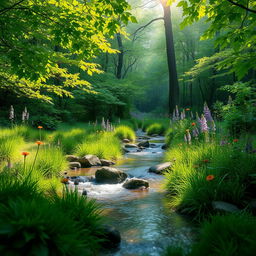 A beautiful serene landscape featuring a gentle stream flowing through a lush green forest