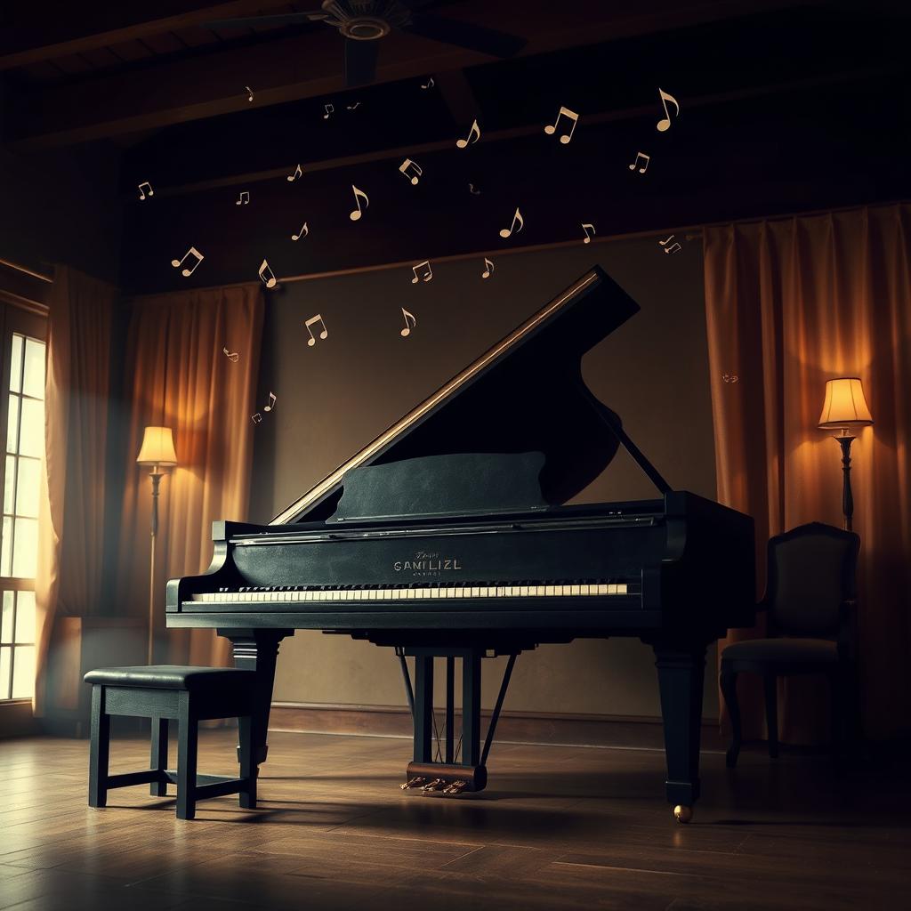 A warm vintage-style scene featuring a large grand piano, surrounded by soft, muted colors that evoke nostalgia