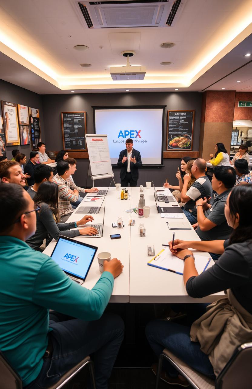 A vibrant and engaging training session in a modern restaurant setting, featuring a diverse group of restaurant managers actively participating in the APEX Leadership Training Program
