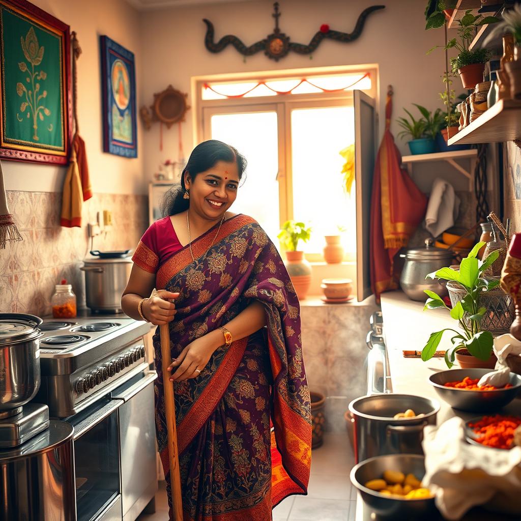 A busy scene in a vibrant Indian household, featuring a skilled and dedicated maid wearing a traditional saree, showcasing intricate patterns
