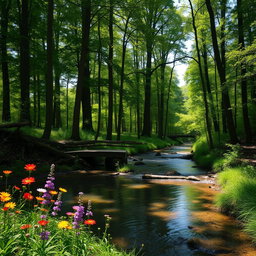 A serene, tranquil forest with tall, lush green trees and dappled sunlight filtering through the leaves