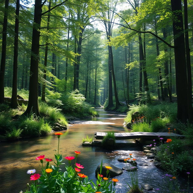 A serene, tranquil forest with tall, lush green trees and dappled sunlight filtering through the leaves