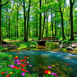 A serene, tranquil forest with tall, lush green trees and dappled sunlight filtering through the leaves