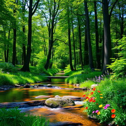 A serene, tranquil forest with tall, lush green trees and dappled sunlight filtering through the leaves