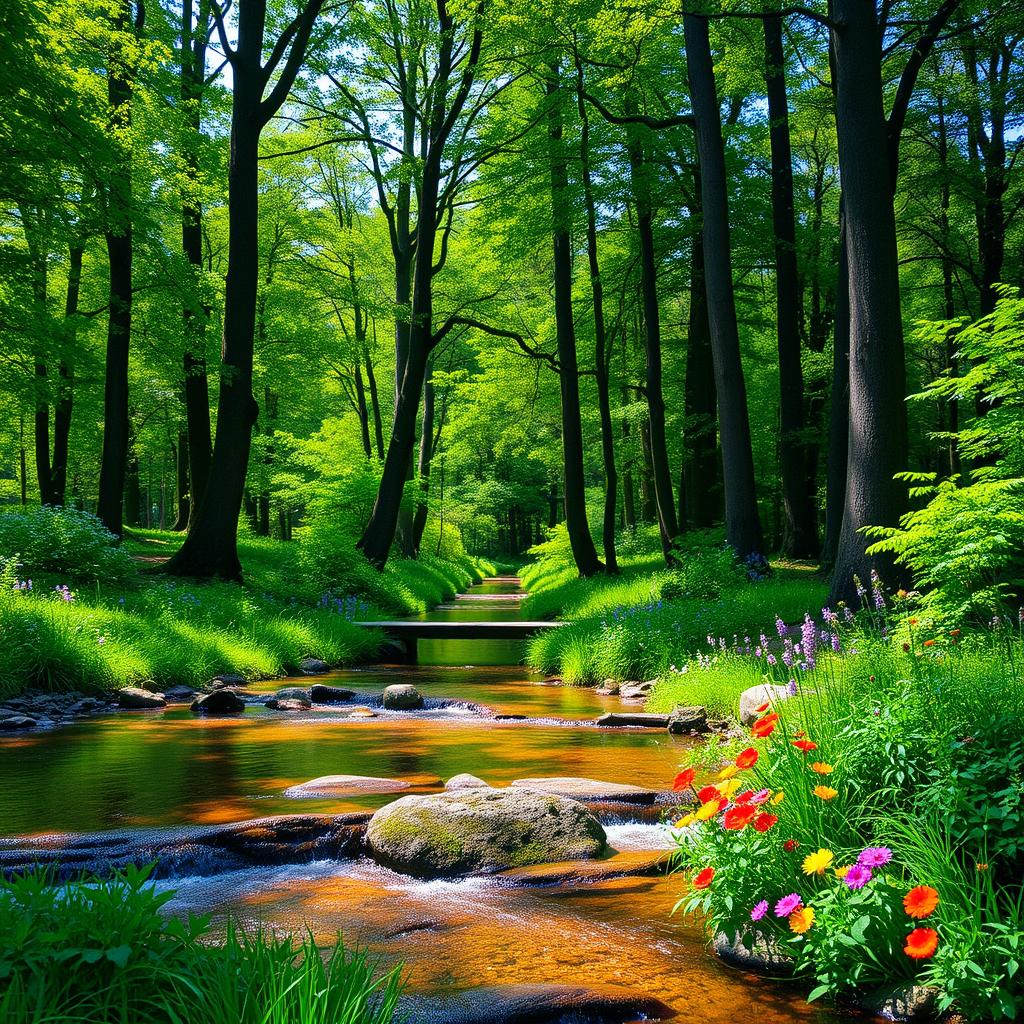 A serene, tranquil forest with tall, lush green trees and dappled sunlight filtering through the leaves