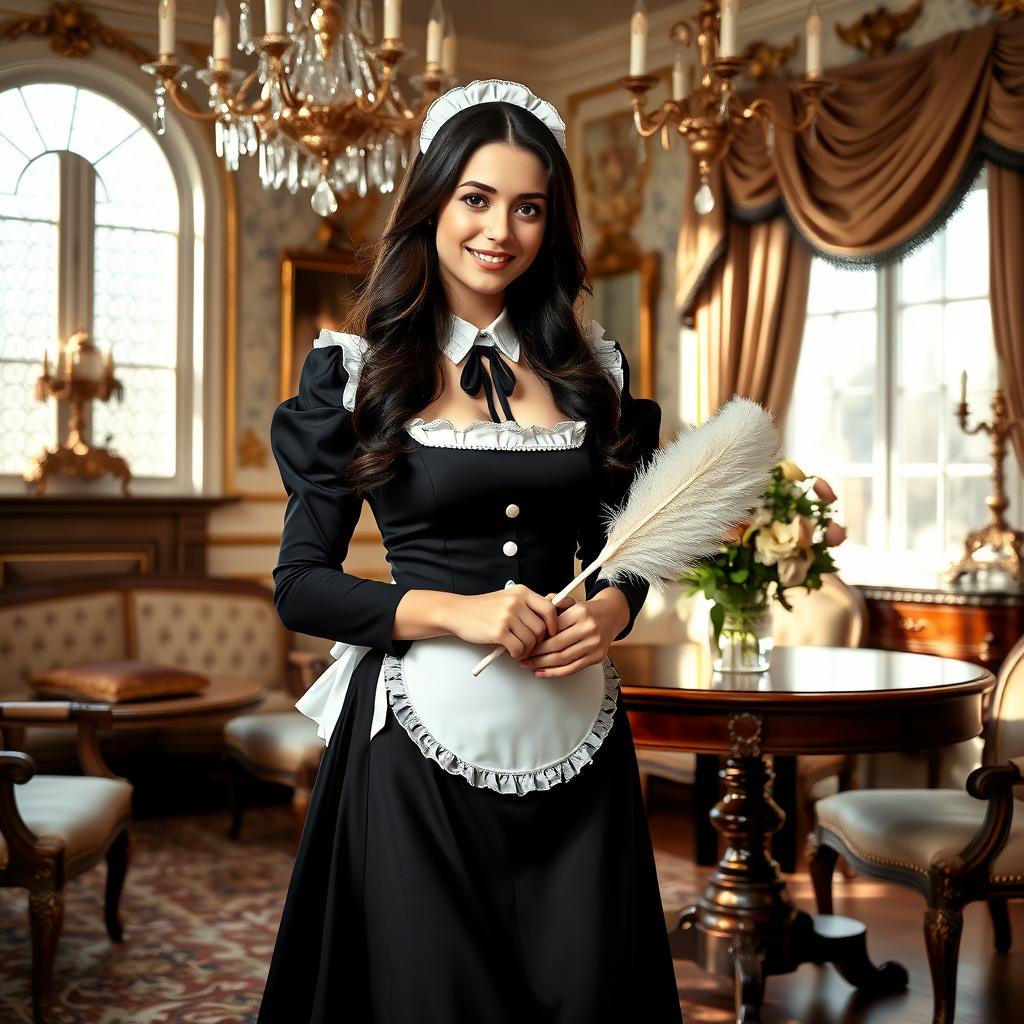 A beautiful maid in a classic black and white uniform, standing in a stylishly decorated Victorian room with elegant furniture