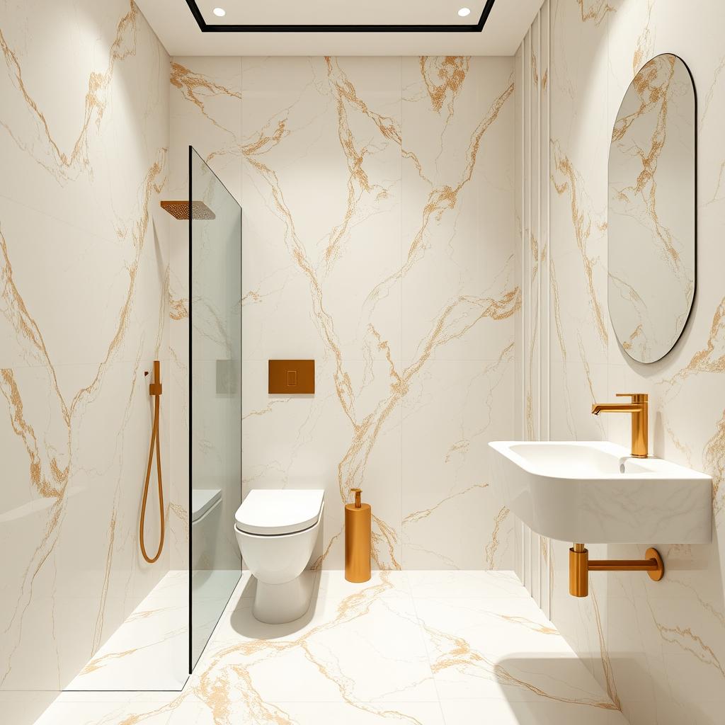 A luxurious bathroom design featuring glossy marble tiles in white and beige, covering both the floor and walls