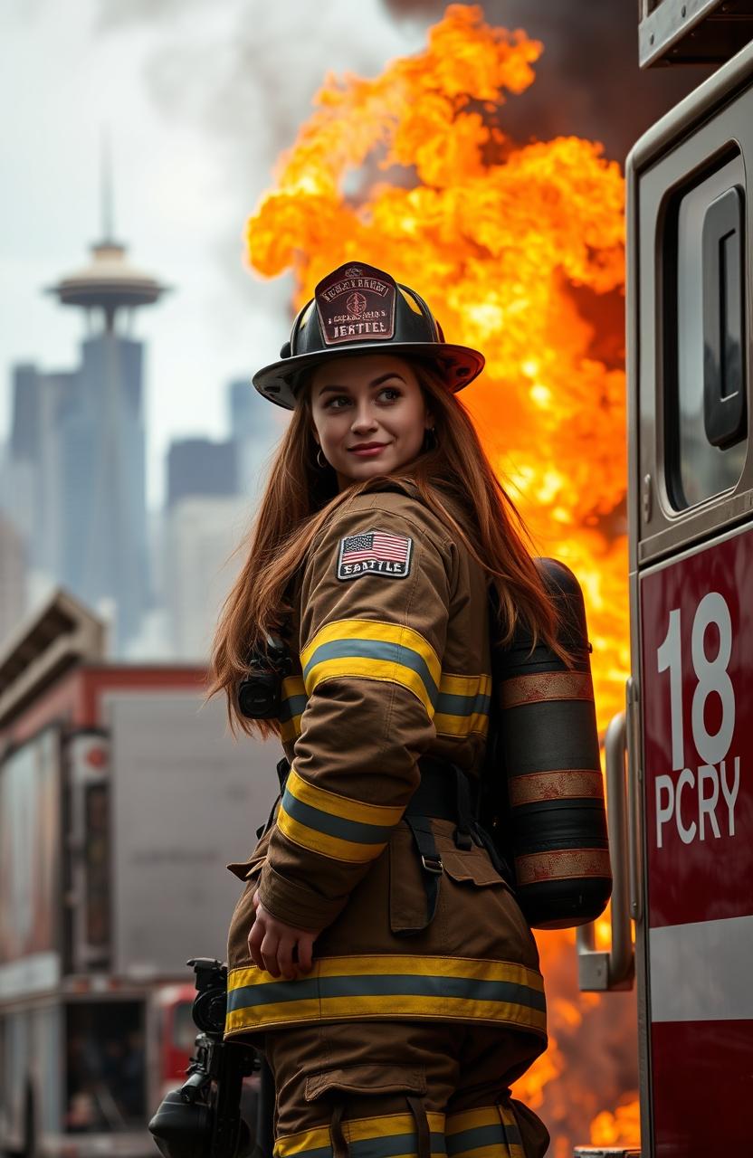 A female firefighter in Seattle, named Karrsyn, with long brown hair, confidently turning toward a blazing fire