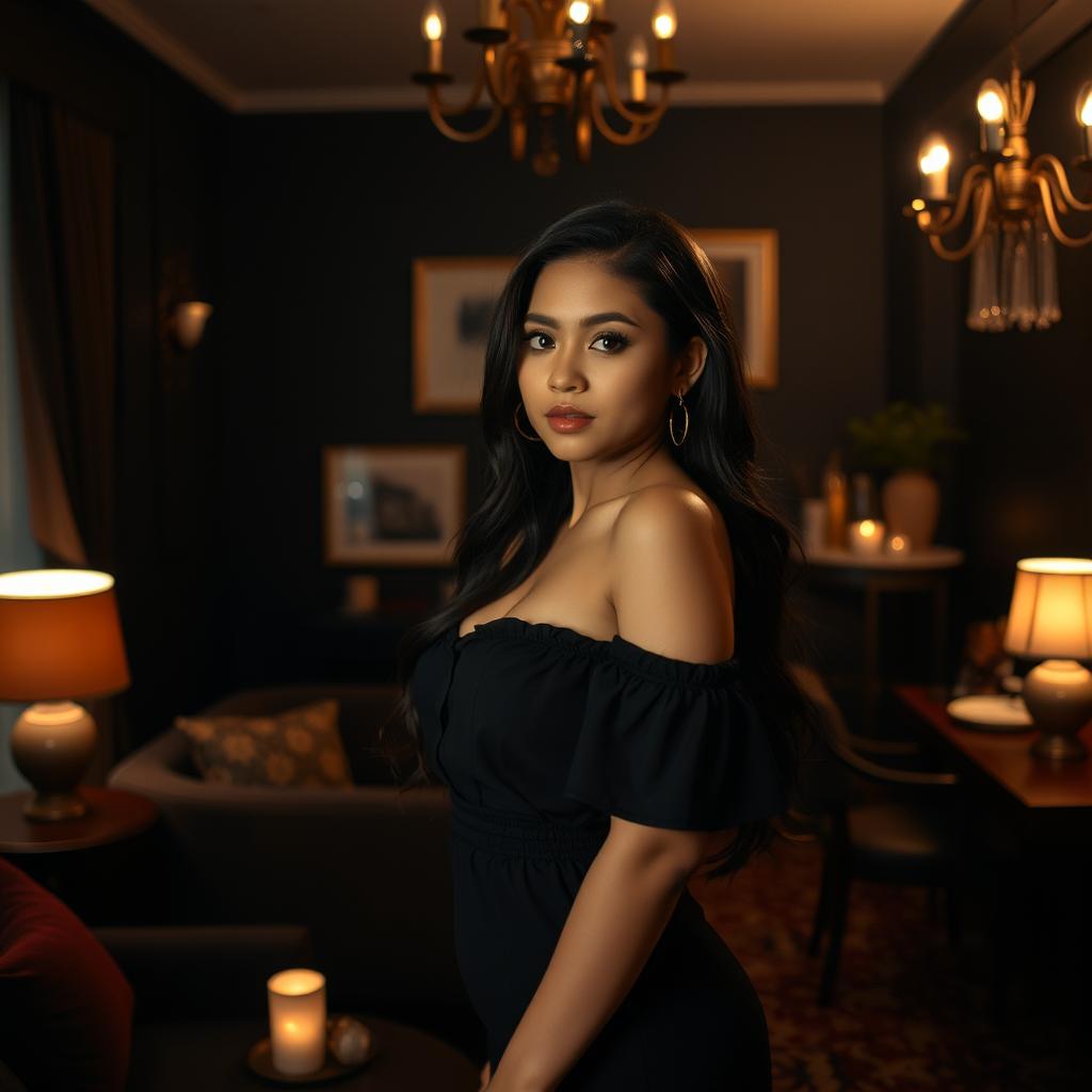 A dark, cozy room that is visually appealing, featuring a young and beautiful Indonesian woman standing on the right side of the scene