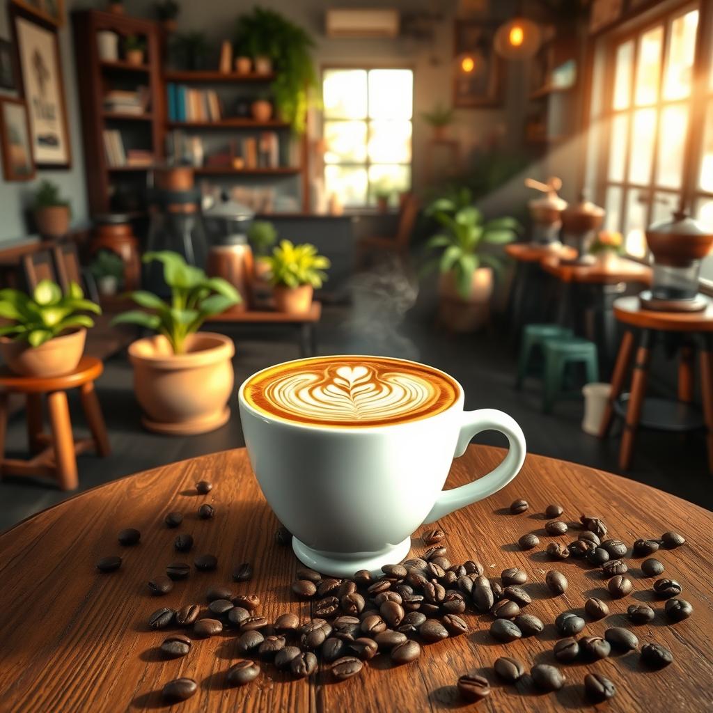 An imaginative representation of "kopi cak mo," showcasing a beautifully crafted cup of coffee with intricate latte art on the surface