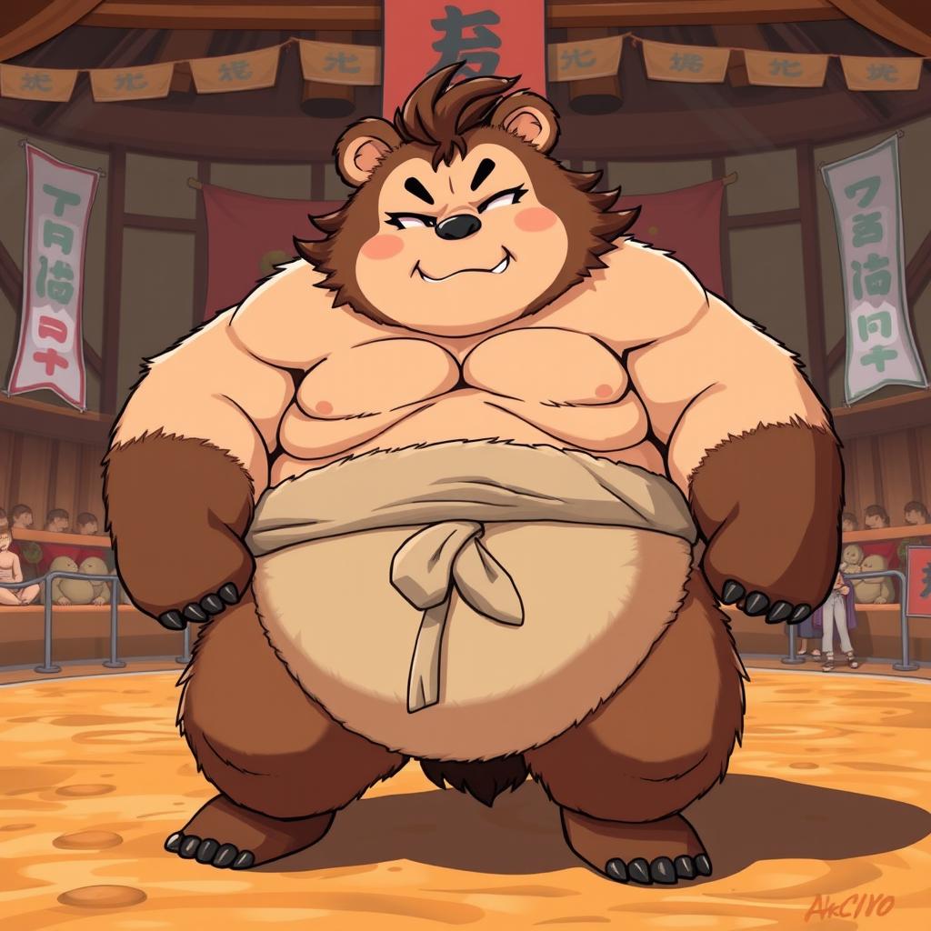 A vibrant and dynamic illustration of a sumo girl anthro, featuring a strong and muscular character with an oversized mawashi belt typical of sumo wrestlers