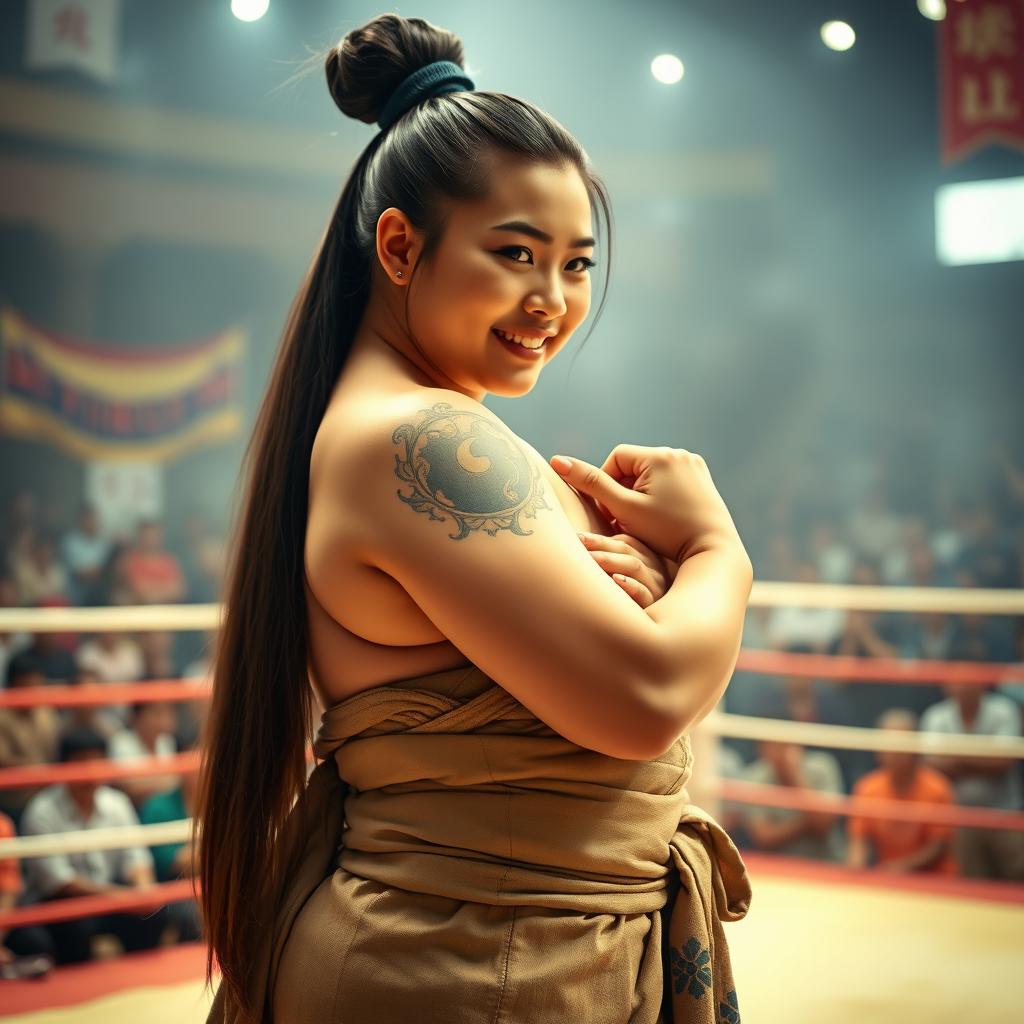 A beautiful sumo wrestler, showcasing grace and strength, wearing a traditional sumo mawashi