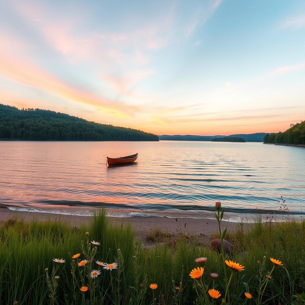 A serene and picturesque landscape showcasing a tranquil lake surrounded by lush green forests