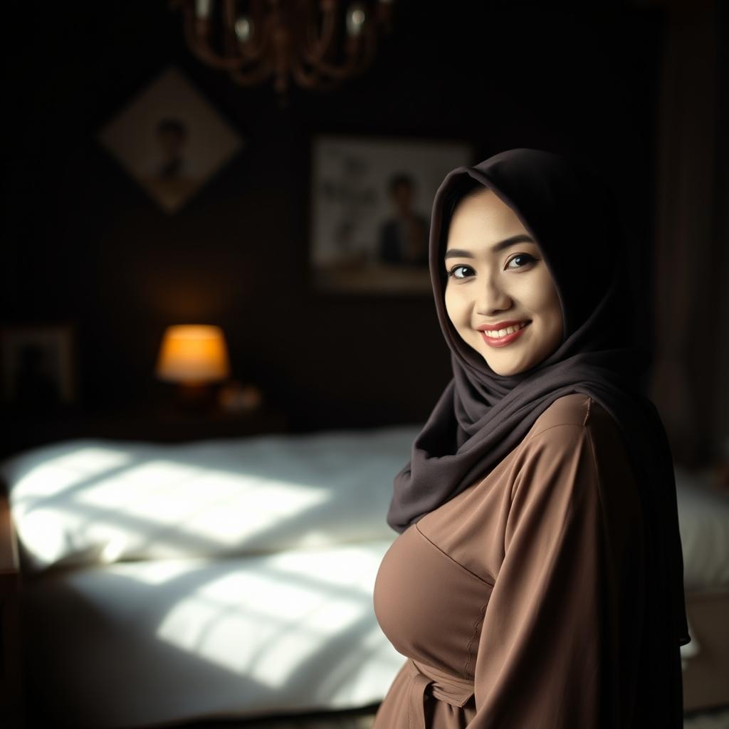 A beautiful, cozy dark room that looks inviting, featuring a stunning young Indonesian woman in a hijab standing on the right side