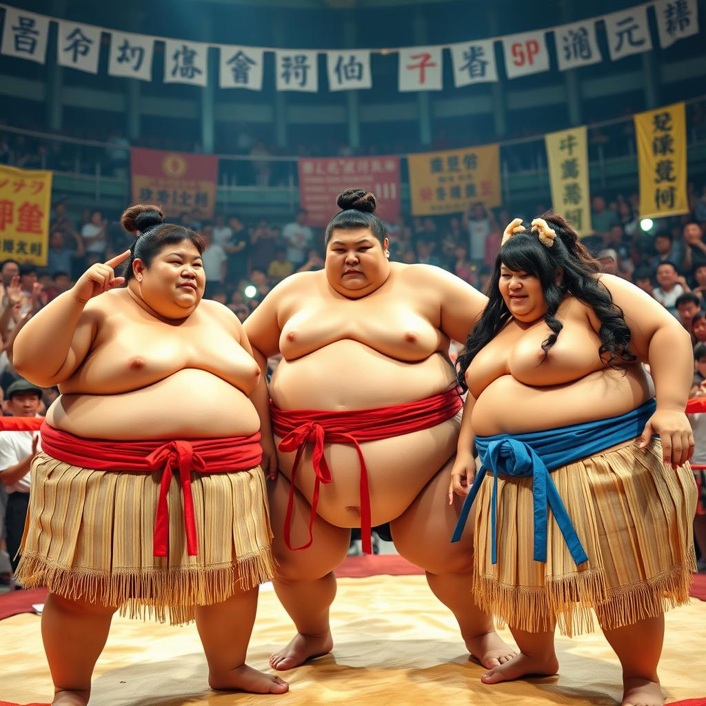 A vibrant and dynamic scene featuring plus-sized female sumo wrestlers in traditional mawashi (sumo belts) competing in a sumo ring