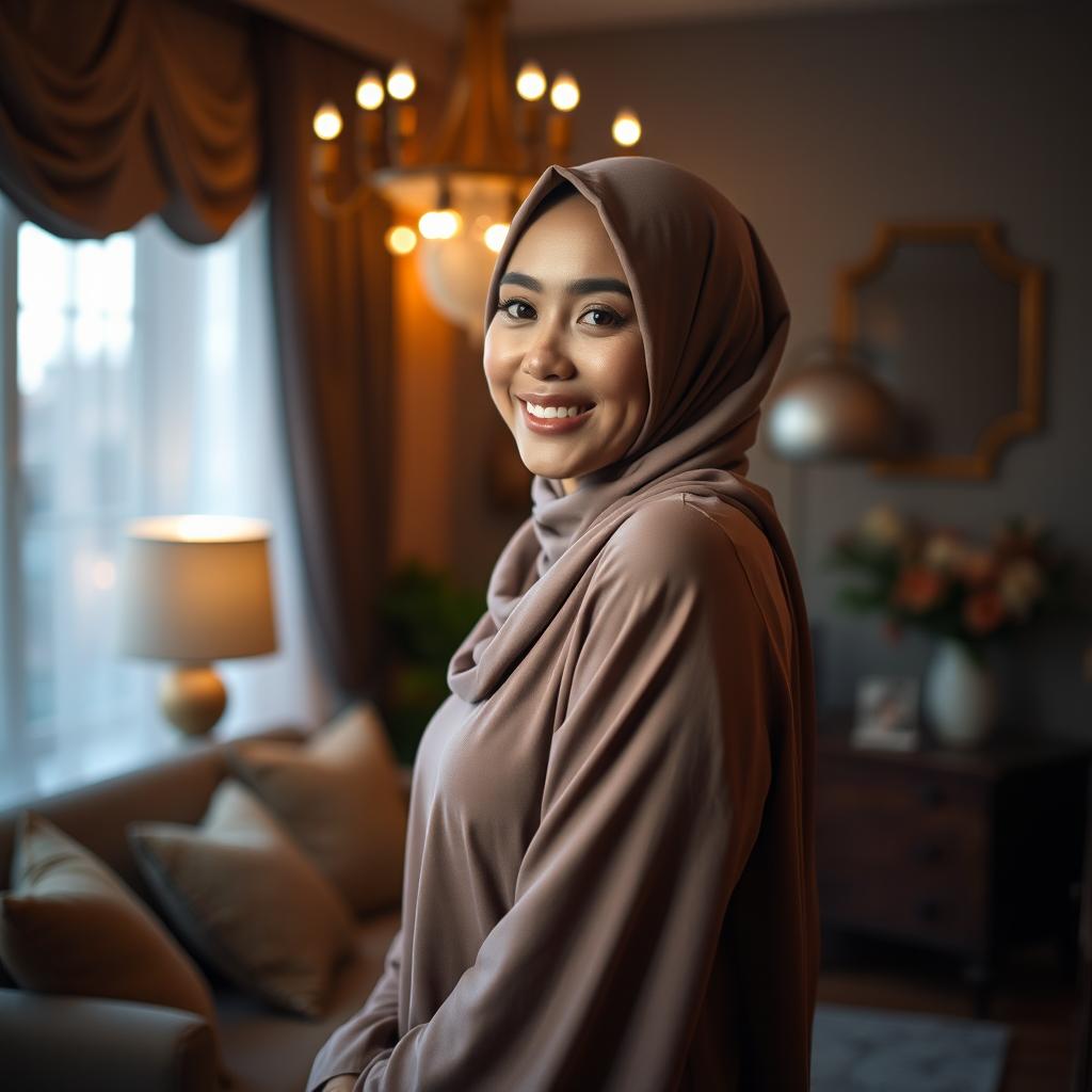 A beautiful Indonesian woman with a charming smile, wearing a hijab, standing in a cozy and dimly lit room that feels inviting and aesthetically pleasing