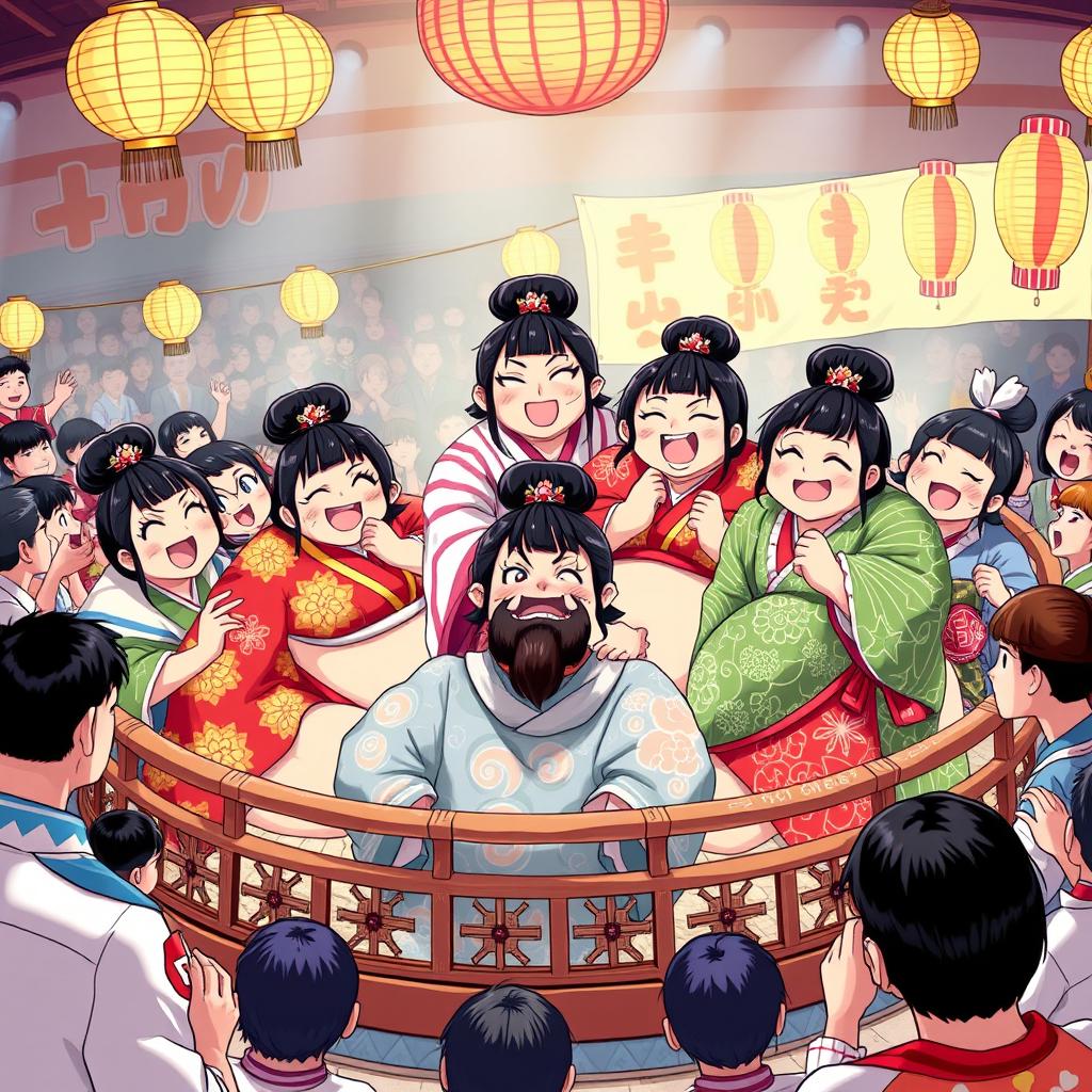 A colorful anime scene featuring a group of cheerful fat sumo girls, showcasing their vibrant kimonos and traditional sumo hairstyles