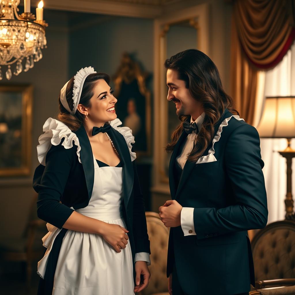 A scene capturing an intimate moment between a sophisticated gentleman and a beautiful maid in a luxurious, elegantly decorated room