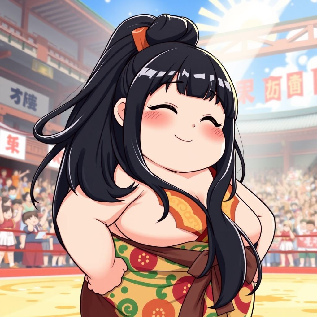 A chubby sumo girl in anime style, showcasing her strength and confidence