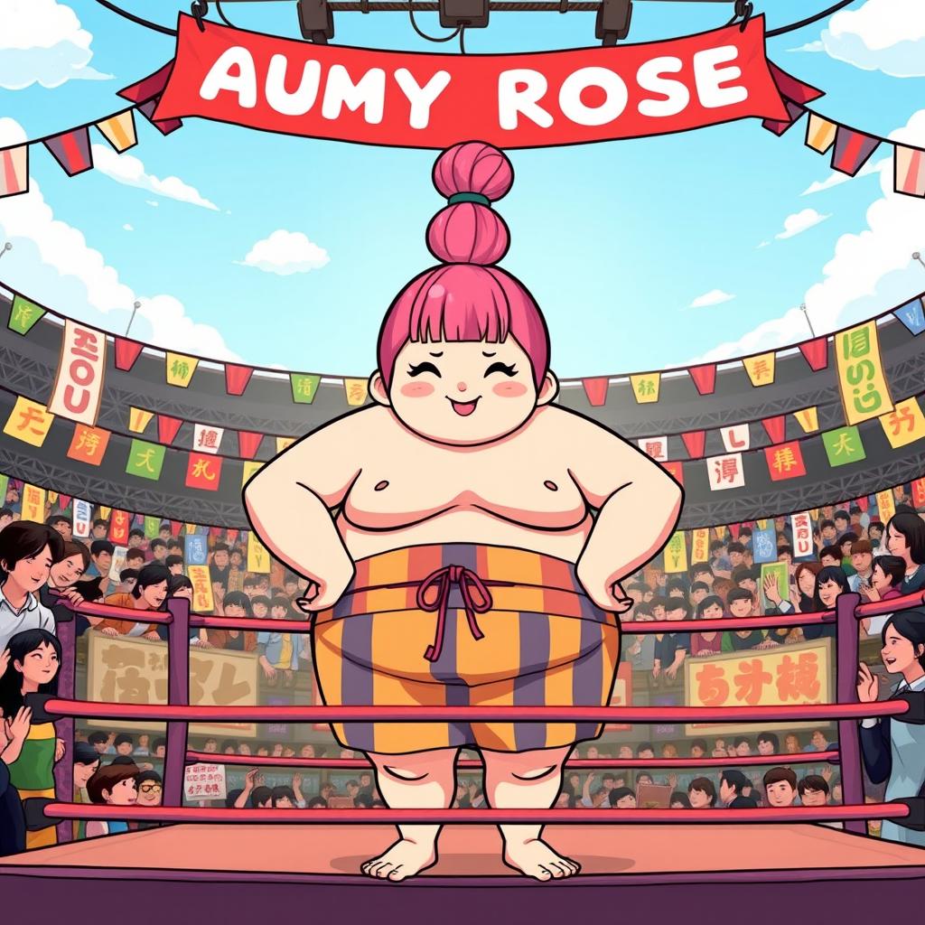 A whimsical and playful illustration of a large, cheerful sumo girl named Amy Rose