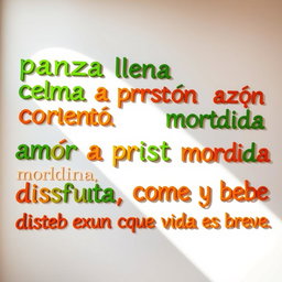 A white background wall featuring vibrant, colorful phrases: "panza llena corazón contento", "amor a primera mordida", "aquí se cocina con el corazón", and "disfruta, come y bebe que la vida es breve"