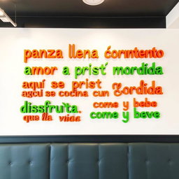A white background wall featuring vibrant, colorful phrases: "panza llena corazón contento", "amor a primera mordida", "aquí se cocina con el corazón", and "disfruta, come y bebe que la vida es breve"