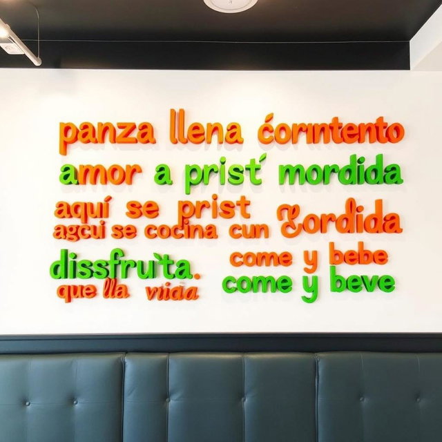 A white background wall featuring vibrant, colorful phrases: "panza llena corazón contento", "amor a primera mordida", "aquí se cocina con el corazón", and "disfruta, come y bebe que la vida es breve"