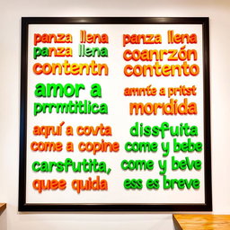 A white background wall featuring vibrant, colorful phrases: "panza llena corazón contento", "amor a primera mordida", "aquí se cocina con el corazón", and "disfruta, come y bebe que la vida es breve"