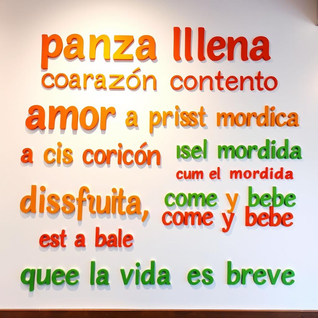 A white background wall featuring vibrant, colorful phrases: "panza llena corazón contento", "amor a primera mordida", "aquí se cocina con el corazón", and "disfruta, come y bebe que la vida es breve"
