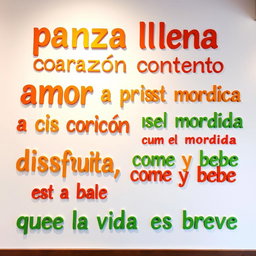 A white background wall featuring vibrant, colorful phrases: "panza llena corazón contento", "amor a primera mordida", "aquí se cocina con el corazón", and "disfruta, come y bebe que la vida es breve"