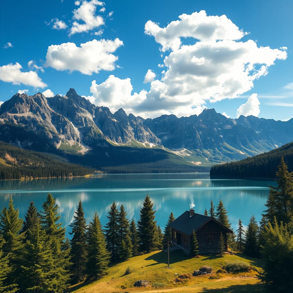 A serene mountain landscape featuring a pristine lake reflecting the towering peaks of an expansive mountain range under a bright blue sky filled with fluffy white clouds