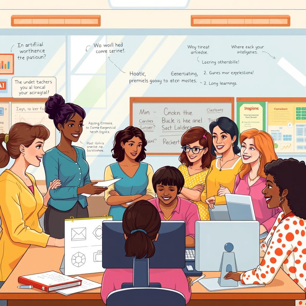 A vibrant illustration of a diverse group of female teachers collaborating in a workshop on artificial intelligence
