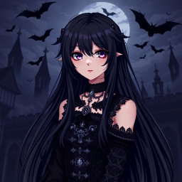 A detailed pixel art representation of a gothic anime character featuring long black hair