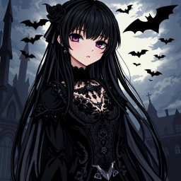 A detailed pixel art representation of a gothic anime character featuring long black hair