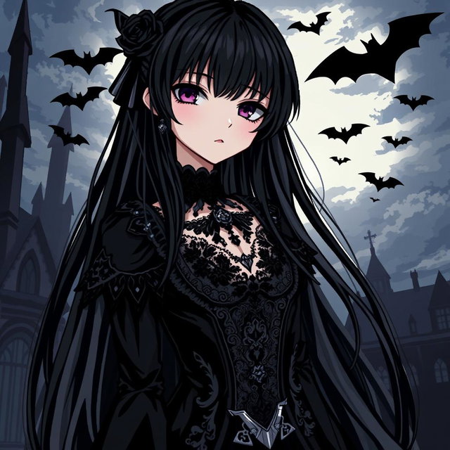 A detailed pixel art representation of a gothic anime character featuring long black hair