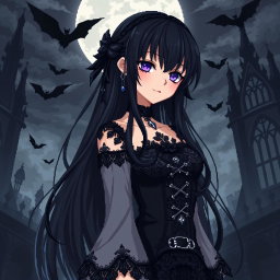 A detailed pixel art representation of a gothic anime character featuring long black hair