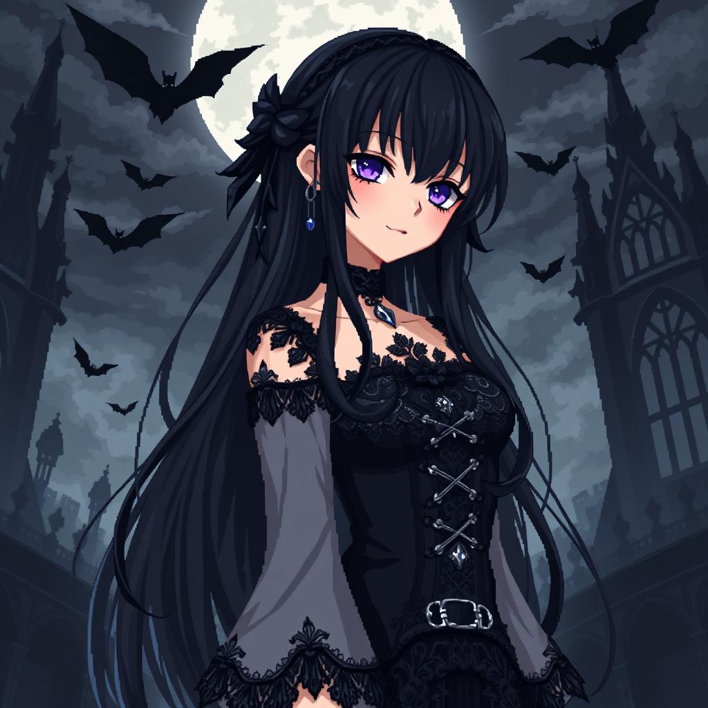 A detailed pixel art representation of a gothic anime character featuring long black hair