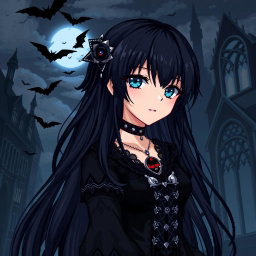 A detailed pixel art representation of a gothic anime character featuring long black hair