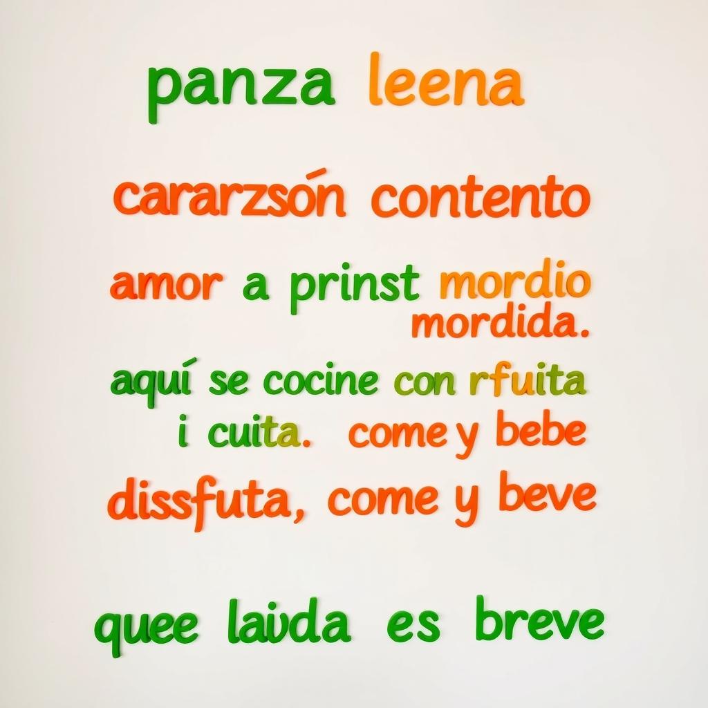 A white background wall featuring vibrant, Instagrammable phrases: "panza llena corazón contento", "amor a primera mordida", "aquí se cocina con el corazón", and "disfruta, come y bebe que la vida es breve"