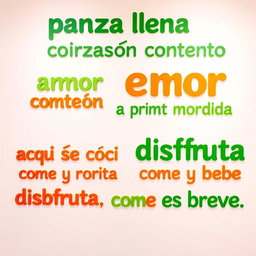 A white background wall featuring vibrant, Instagrammable phrases: "panza llena corazón contento", "amor a primera mordida", "aquí se cocina con el corazón", and "disfruta, come y bebe que la vida es breve"