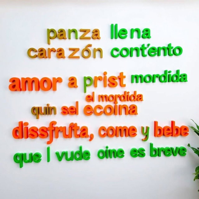 A white background wall featuring vibrant, Instagrammable phrases: "panza llena corazón contento", "amor a primera mordida", "aquí se cocina con el corazón", and "disfruta, come y bebe que la vida es breve"