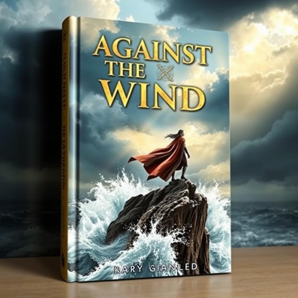 A captivating book cover for 'Against the Wind', depicting a lone figure standing courageously on a rugged cliff, facing powerful winds and turbulent waves crashing below